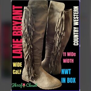 🤠 NWT/NEW IN BOX LANE BRYANT 11Wide FAUX SUEDE TAUPE BROWN WESTERN FRINGE BOOTS